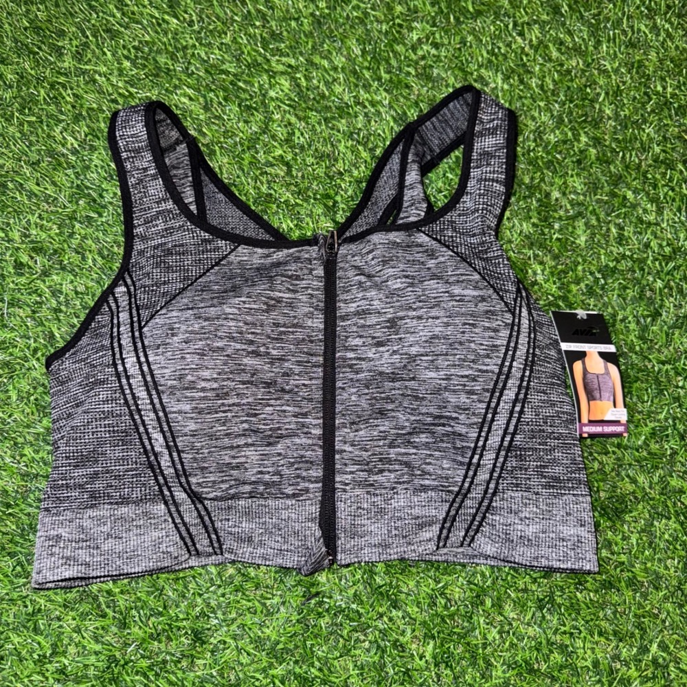 Avia Womens 3X XXXL Zip Front Sports Bra Black Gray Medium Support NWT